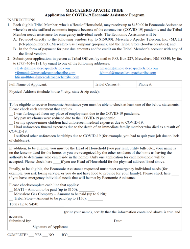 COVID19 Economic Assistance Program for the Mescalero Apache Tribe