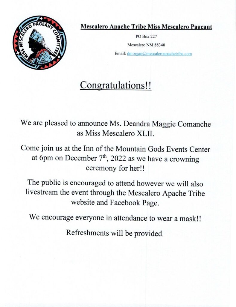 Miss Mescalero Crowning Ceremony Dec. 7th Official Website of