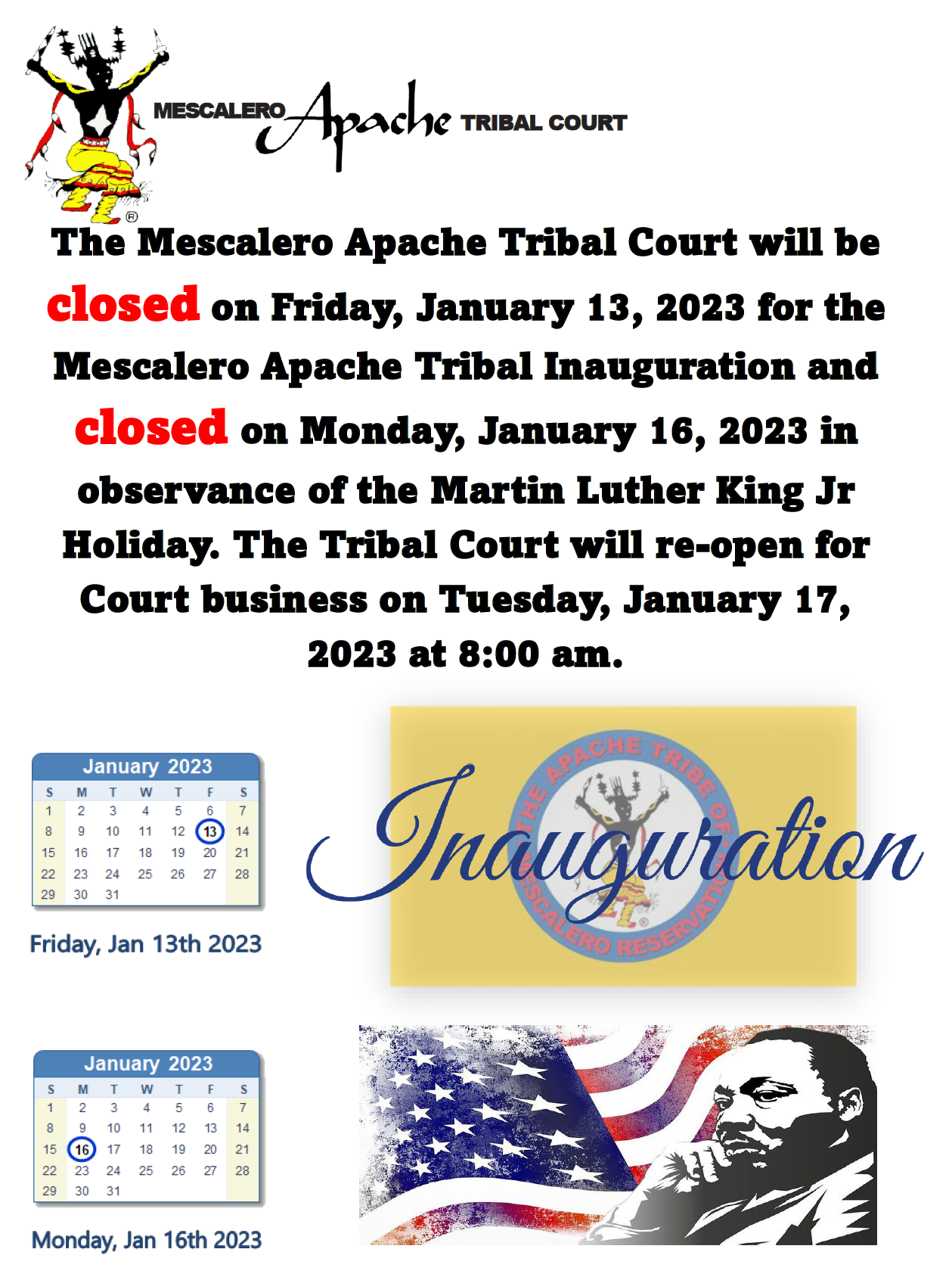 Tribal Court Holiday Closure Jan. 13th & 16th Official Website of