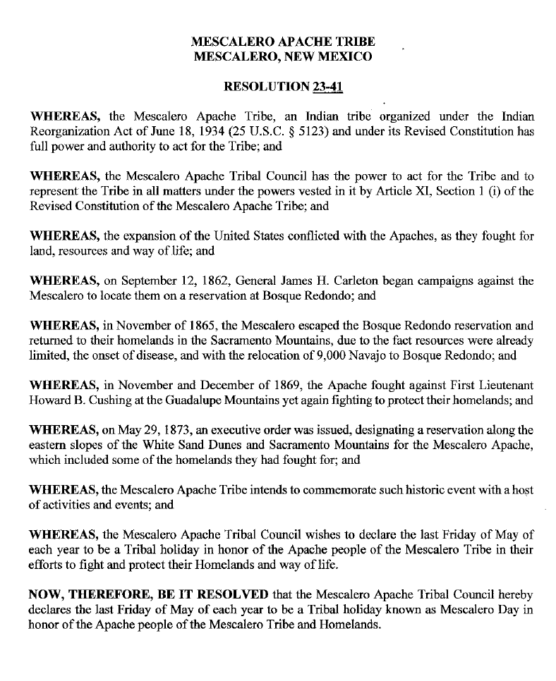 Tribal Council declare a new Tribal holiday to honor the Apache