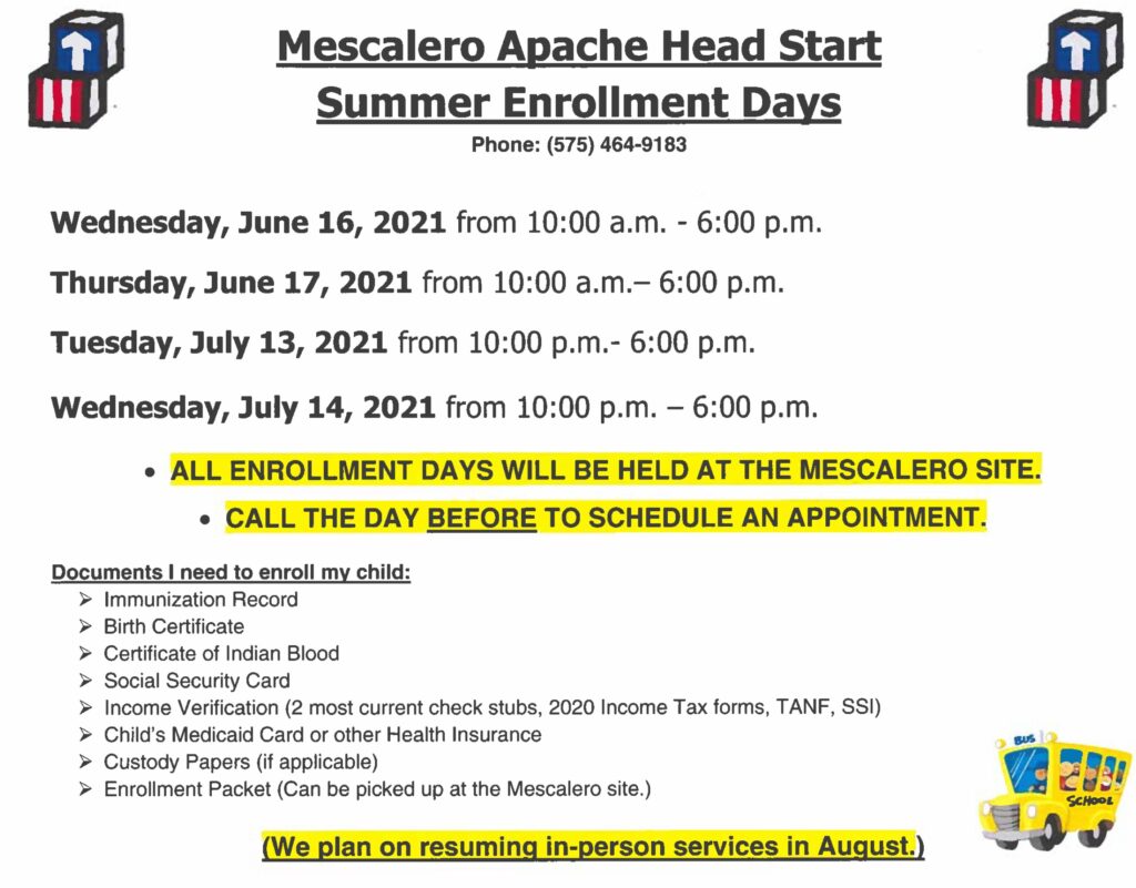 Mescalero Apache Head Start summer enrollment days Official Website